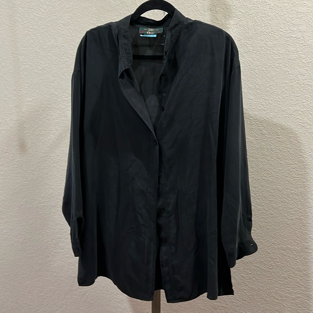 Black silk ORVIS blouse with mandarin collar